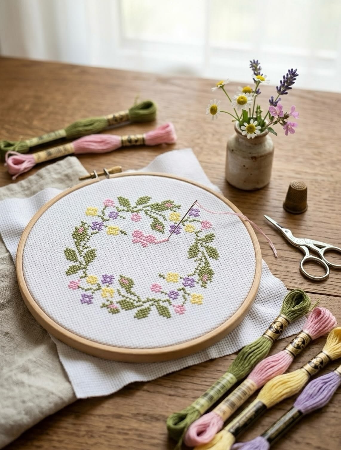 Needlepoint canvas, colorful threads and stitching supplies
