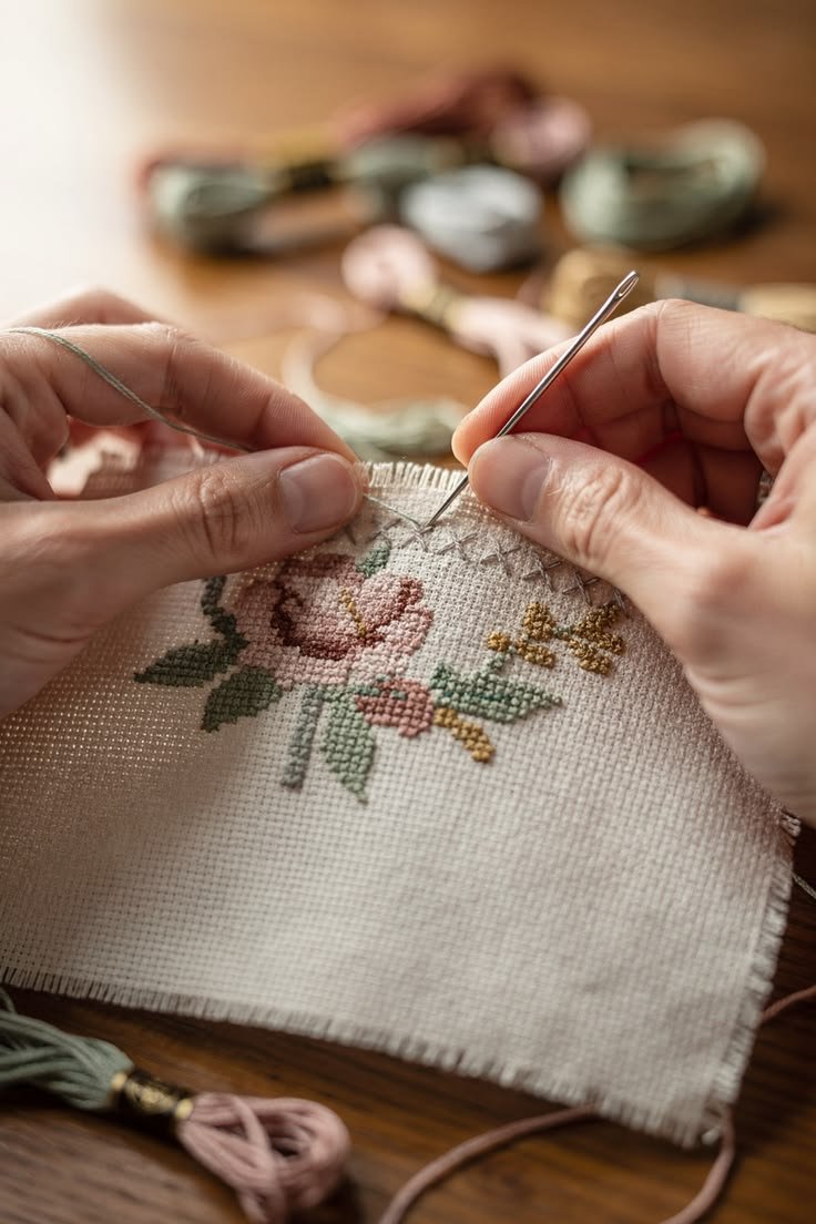 Relaxing needlepoint project in a warm craft setting