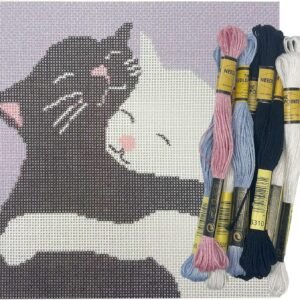 Cornerstone Black and White Cat Cuddle 18CT Needlepoint Starter Kit, 6 × 6 Inch