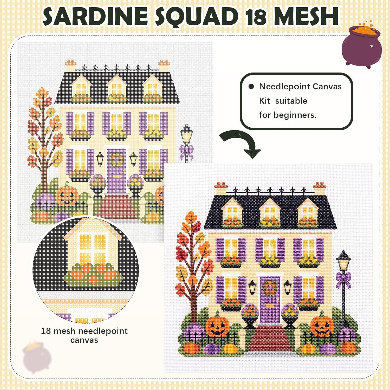Cornerstone 41-Piece Halloween Townhouse Needlepoint Kit for Beginners and Adults – Image 6