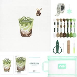 Cornerstone Matcha 18 Mesh Needlepoint Canvas Kit with Embroidery Supplies, 8 Inch