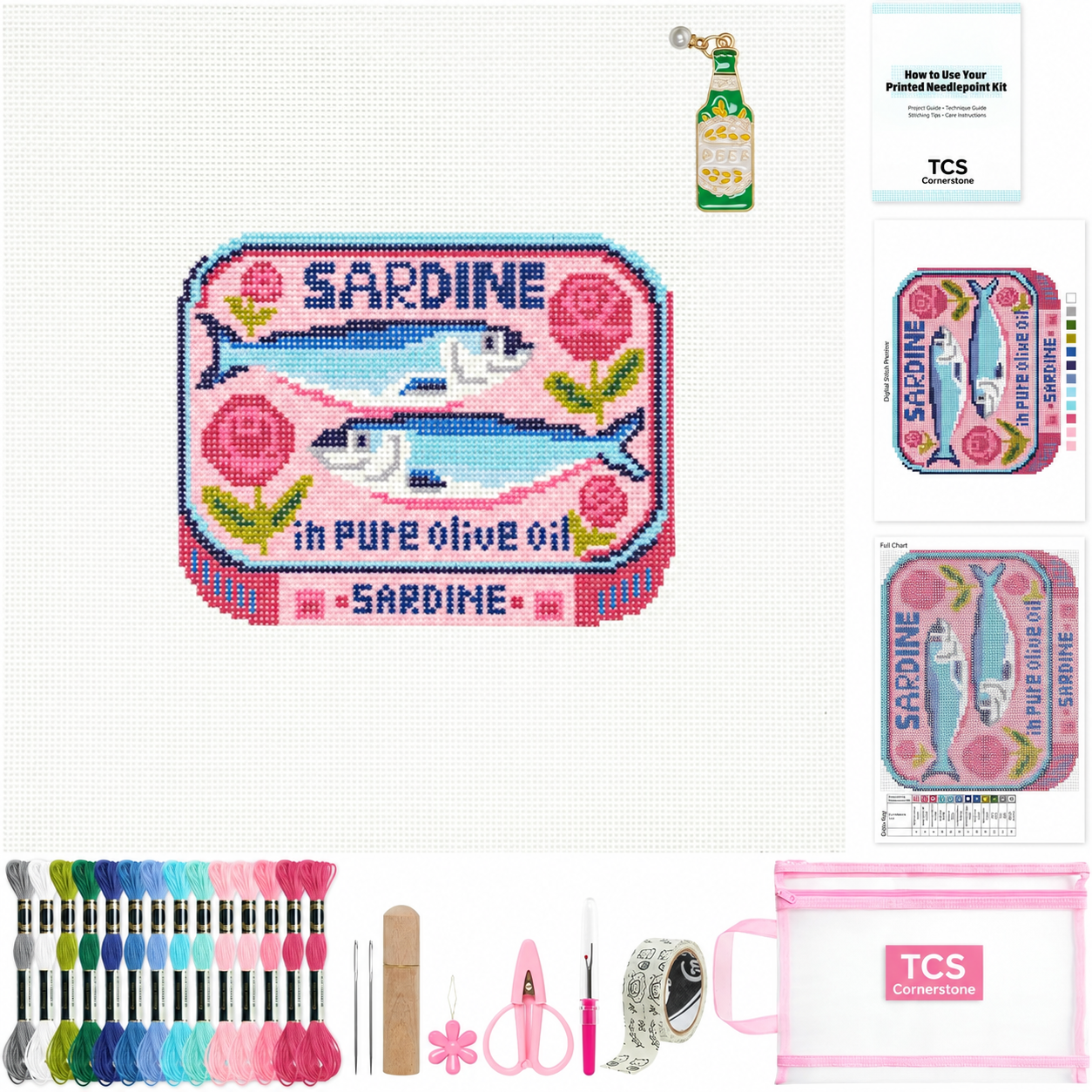 Cornerstone 18 Mesh Sardine Needlepoint Canvas Kit with Embroidery Supplies