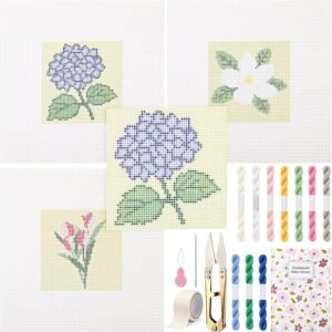 Cornerstone 3-Piece Floral Needlepoint Canvas Kit with Threads and Craft Tools