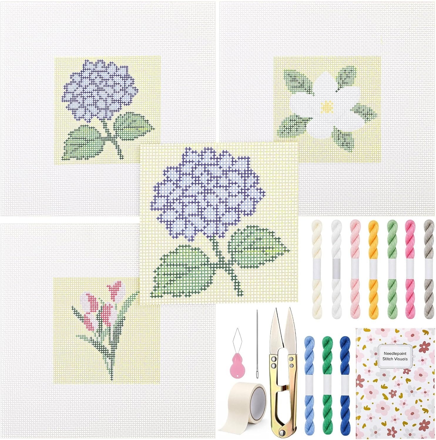 Cornerstone 3-Piece Floral Needlepoint Canvas Kit with Threads and Craft Tools