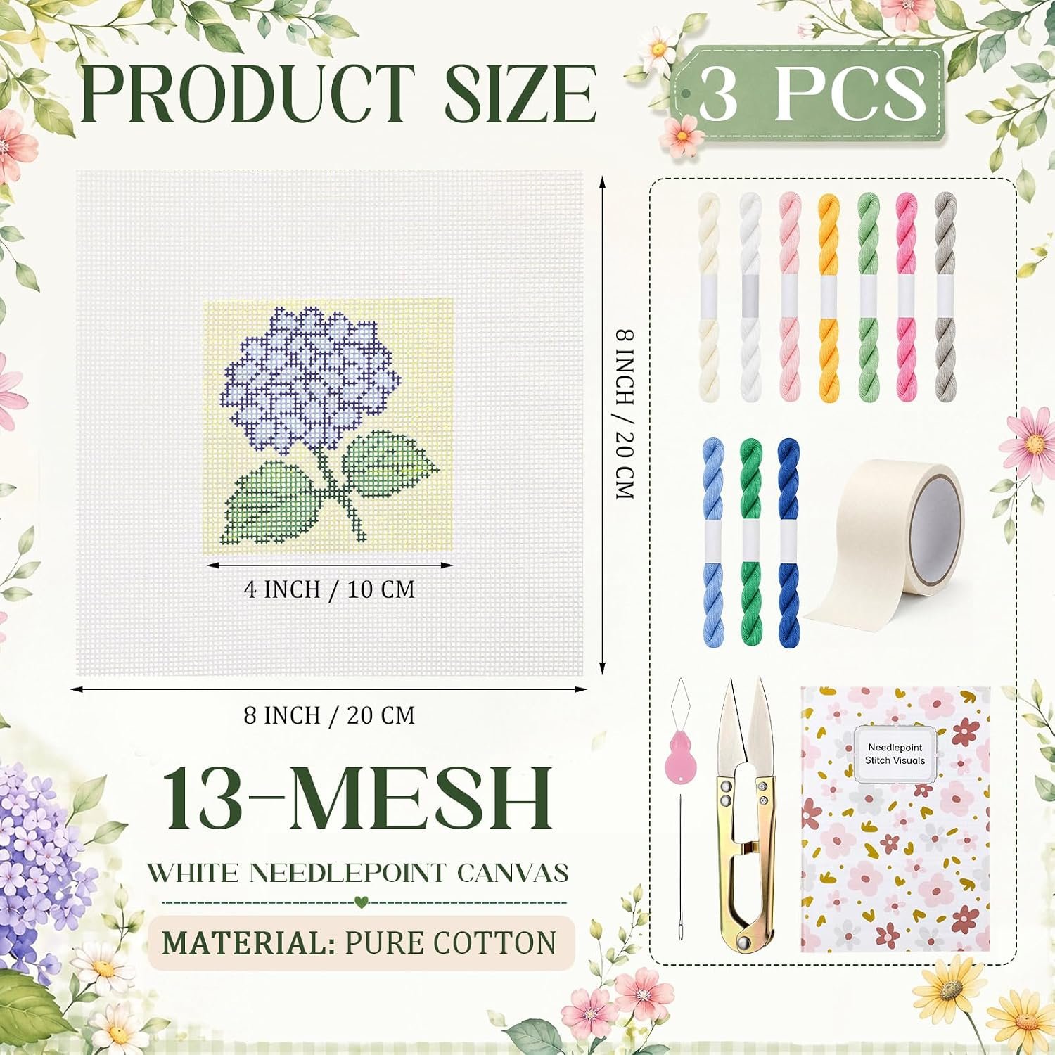Cornerstone 3-Piece Floral Needlepoint Canvas Kit with Threads and Craft Tools – Image 2