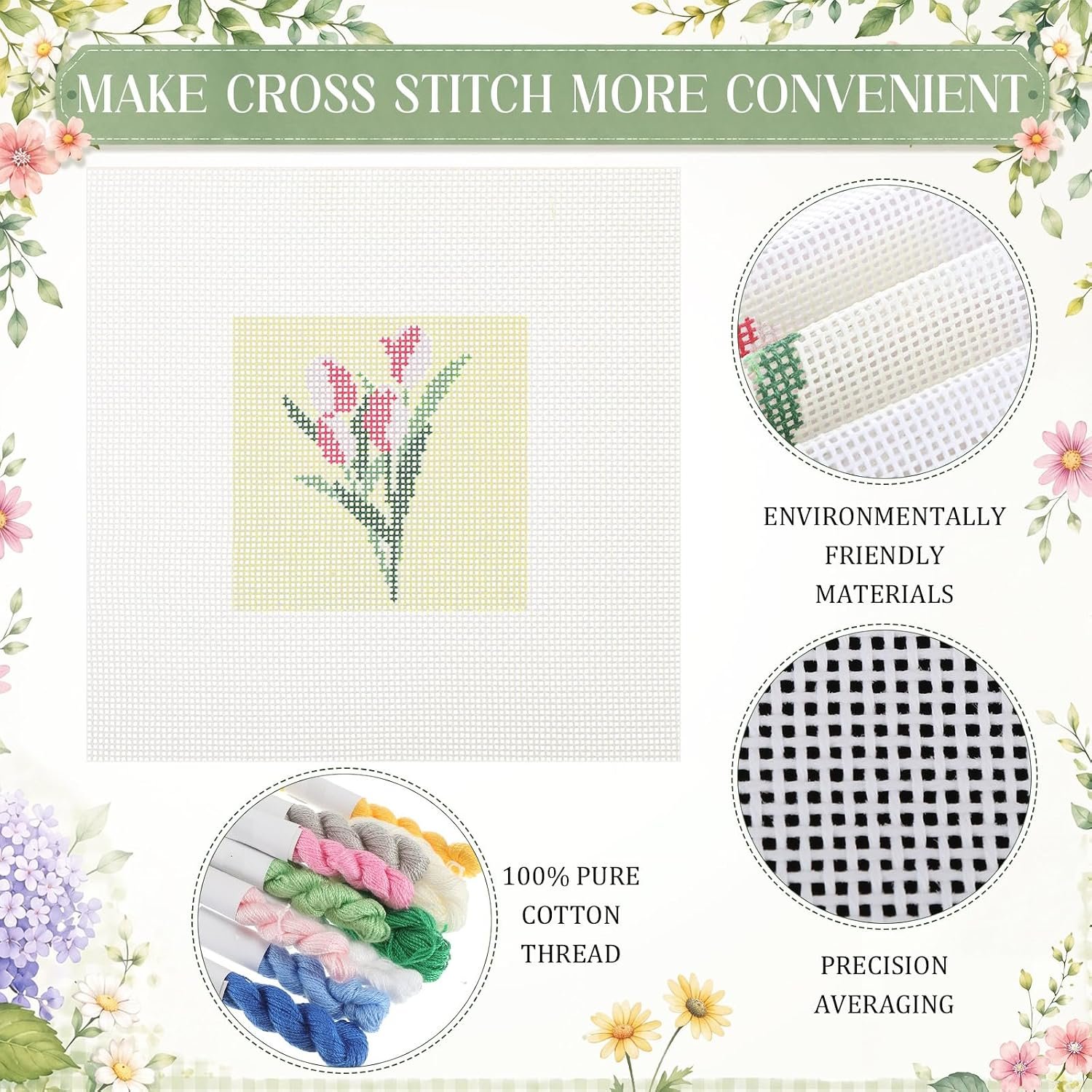 Cornerstone 3-Piece Floral Needlepoint Canvas Kit with Threads and Craft Tools – Image 3