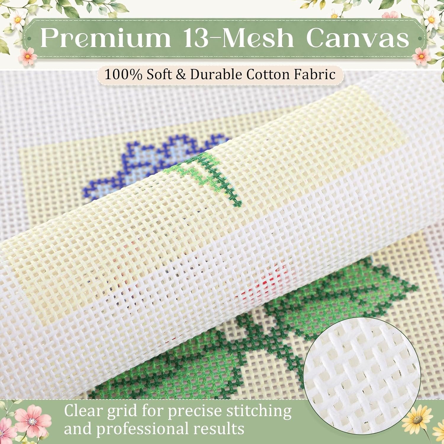 Cornerstone 3-Piece Floral Needlepoint Canvas Kit with Threads and Craft Tools – Image 4