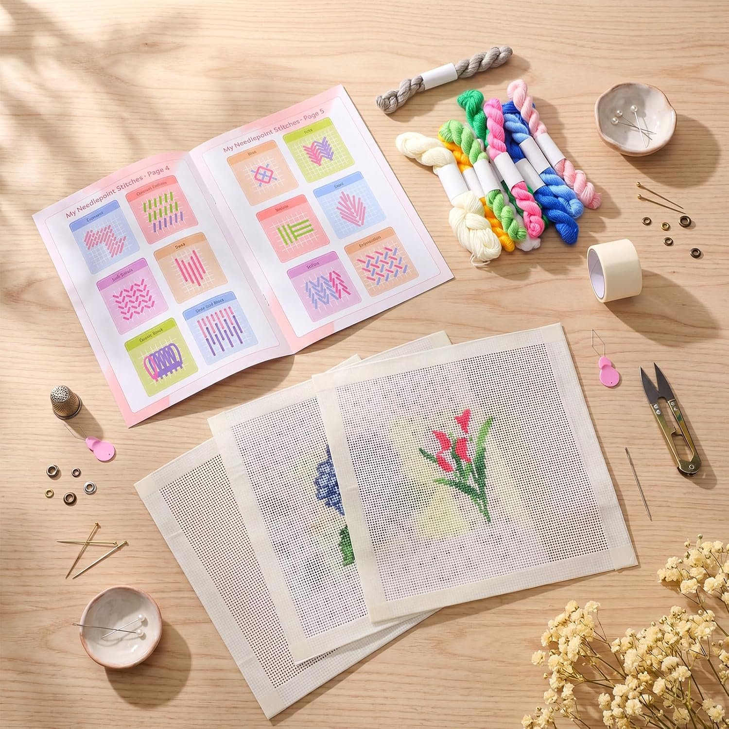 Cornerstone 3-Piece Floral Needlepoint Canvas Kit with Threads and Craft Tools – Image 5