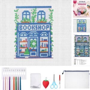 Cornerstone 18 Mesh Bookshop Needlepoint Canvas Kit with Embroidery Supplies