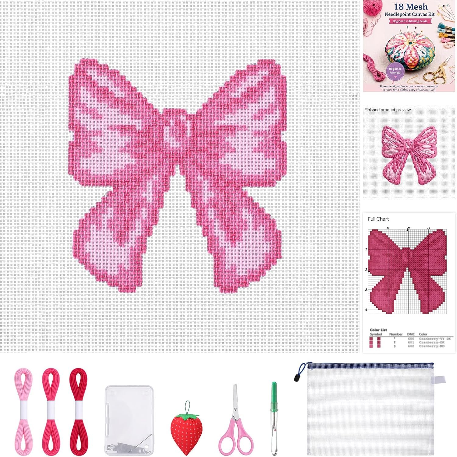 Cornerstone 18 Mesh Pink Bow Needlepoint Embroidery Kit for Beginners