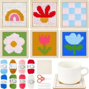 Cornerstone 6-Piece Boho Rainbow Needlepoint Coaster Kit for Beginners, 3.9 x 3.9 Inch